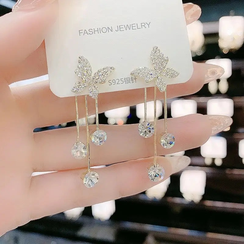 Butterfly Front Back Drop Earrings, Crystal Butterfly Tassel Earrings For Women, Luxury Fairy Rhinestone Drop Earrings, Shiny Long Tassel Earrings