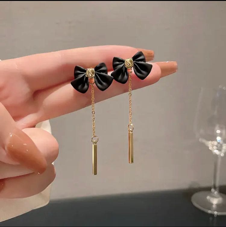 Black Bow Tassel Earrings, New Alloy Trend Luxury Earring, Bowknot Chain Tassel Earrings, Black Bow Metal Chain Long Tassel Dangle Drop Earrings, Simple Ear Line Boucle, Black Hanging Long Earrings