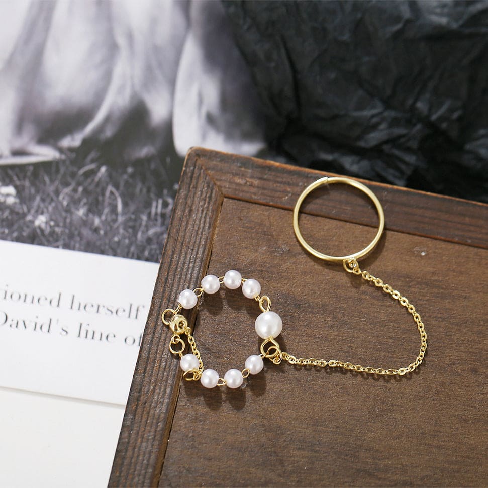 Long Chain Double Circle Rings, Retro Pearl Ring for Women, Hand Chain Faux Pearl Rhinestone Ring, Charm Pearl Beaded Ring, Alloy Simple Ring, Creative Opening Two-piece Pearl Rings