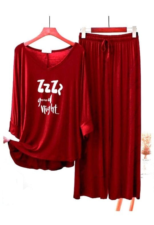 2 Pcs Zzz Night Women Night Suit, Cotton V Neck Pajamas Waist Wide Leg Trousers,Homeware Soft Leisure Loose Bat Sleeve Sleepwear