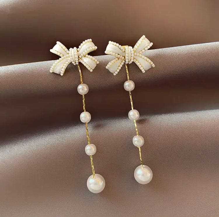 Bow Pearl Tassel Long Earrings, Elegant Sweet Bowknot Earrings, Pearl Drop Earrings For Women, Luxury Long Simulation Pearl Earrings For Women
