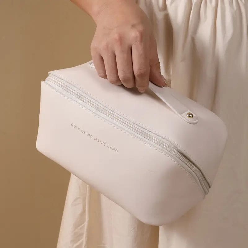 Classy Cosmetic Bag, Portable Leather Makeup Pouch, Waterproof Travel Washbag, Large Opening Makeup Bag, Multifunctional Leather Organizer Bag With Dividers And Handle, Lay Flat Large Opening Makeup Bag