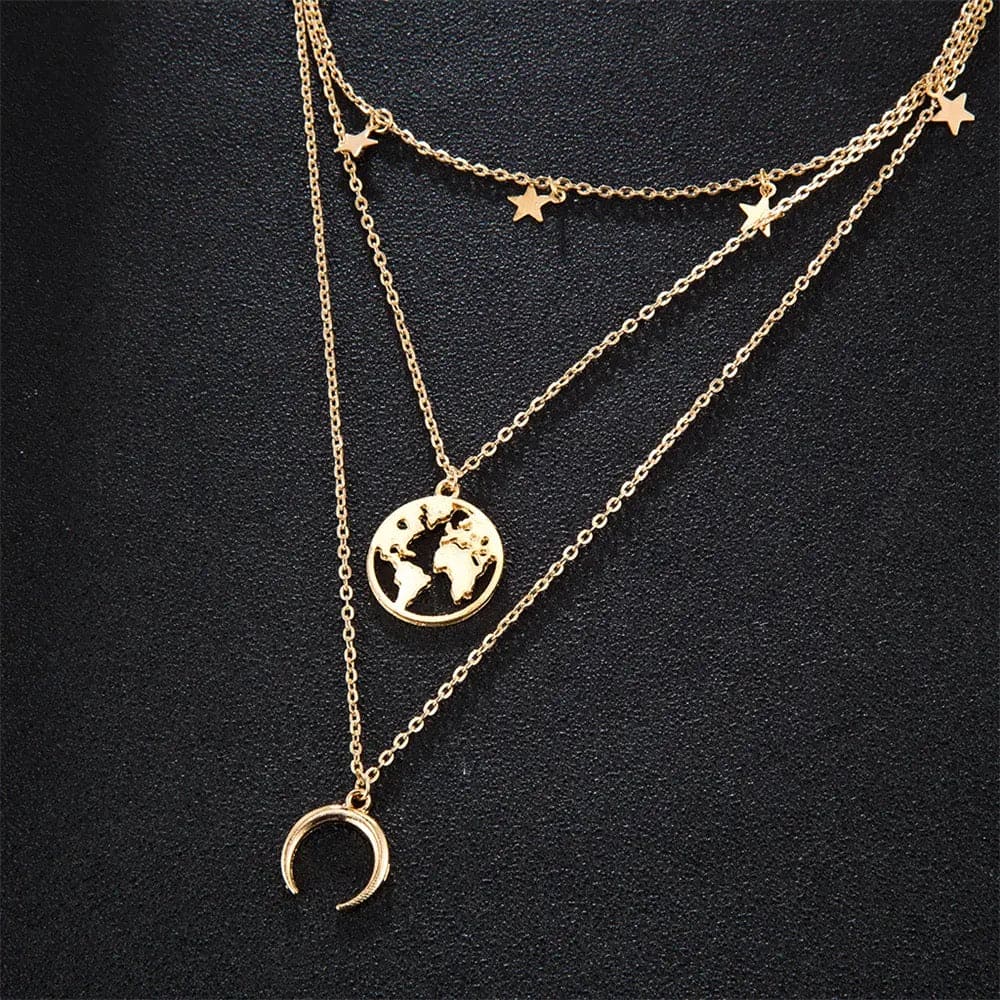 Moon Star Multilayer Necklace, Double Layer Star Moon Charm Necklace, New Alloy World Map Long Necklace, Fashion Charm Necklace, Delicate Clavicle Chain Necklace