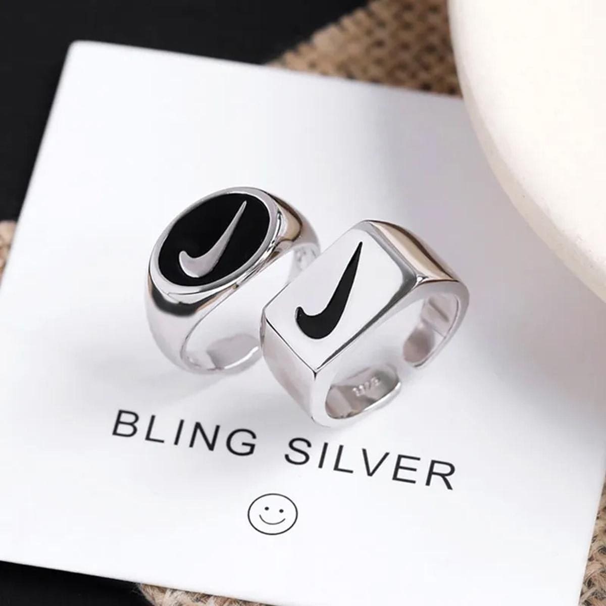 Set Of 2 Adjustable Combination Ring, Check Symbol Silver Ring, Stainless Steel Signet Finger Ring, Finger Enamel Asian Ring Jewelry For Men And Women