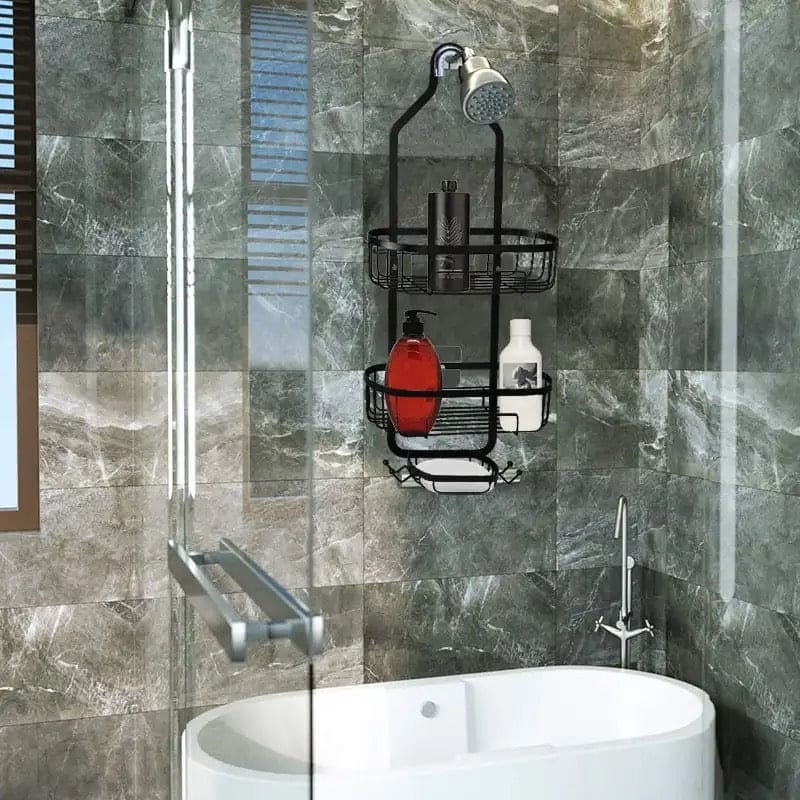 Over Head Shower Organizer, Metal Bathroom Shelf, Head Hanging Shower Bathroom Organizer, Caddy Shower Storage Rack Basket With Hooks, Shower Shampoo Cosmetic Organizer Rack