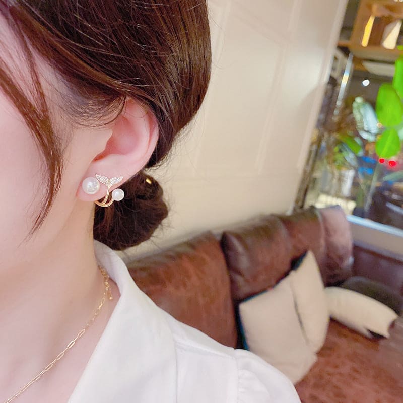 Fish Tail Pearl Earrings, Crystal Imitation Pearl Sweet Earring, Charming Crystal Stud Earrings,  Elegant Mermaid Tail Shape Pearl Earrings