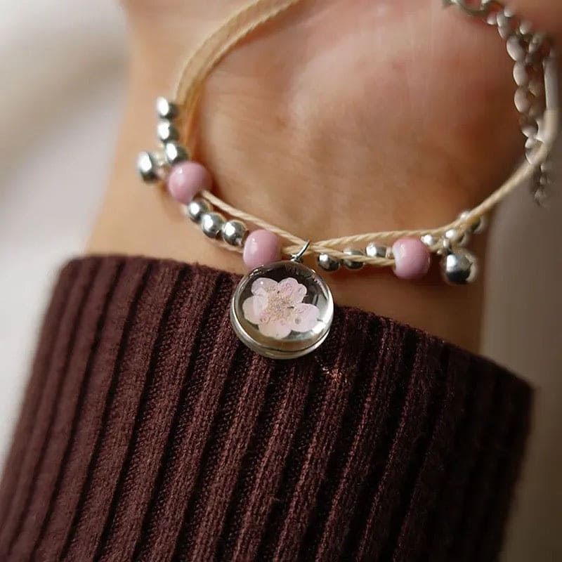 Headrope Peach Blossom Pearl Bracelet, Handwoven Ceramic Beads Glass Dry Flower Bracelet, Dry Flower Bracelet Jewellery, Colorful Transparent Ball Eternal Flower Bracelet
