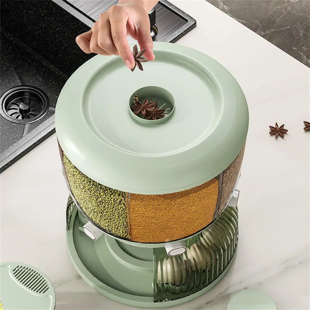 Cereal Divider Bucket, Multipurpose Rotating Kitchen Storage Box, 6 Grid 360° Rotating Grain Rice Dispenser,  Sealed Cereal Dispenser Rice Tank, Dry Food Rotating 6 Storage Container With Egg Groove Shelf, Multi Grid Food Storage Container For Kitchen