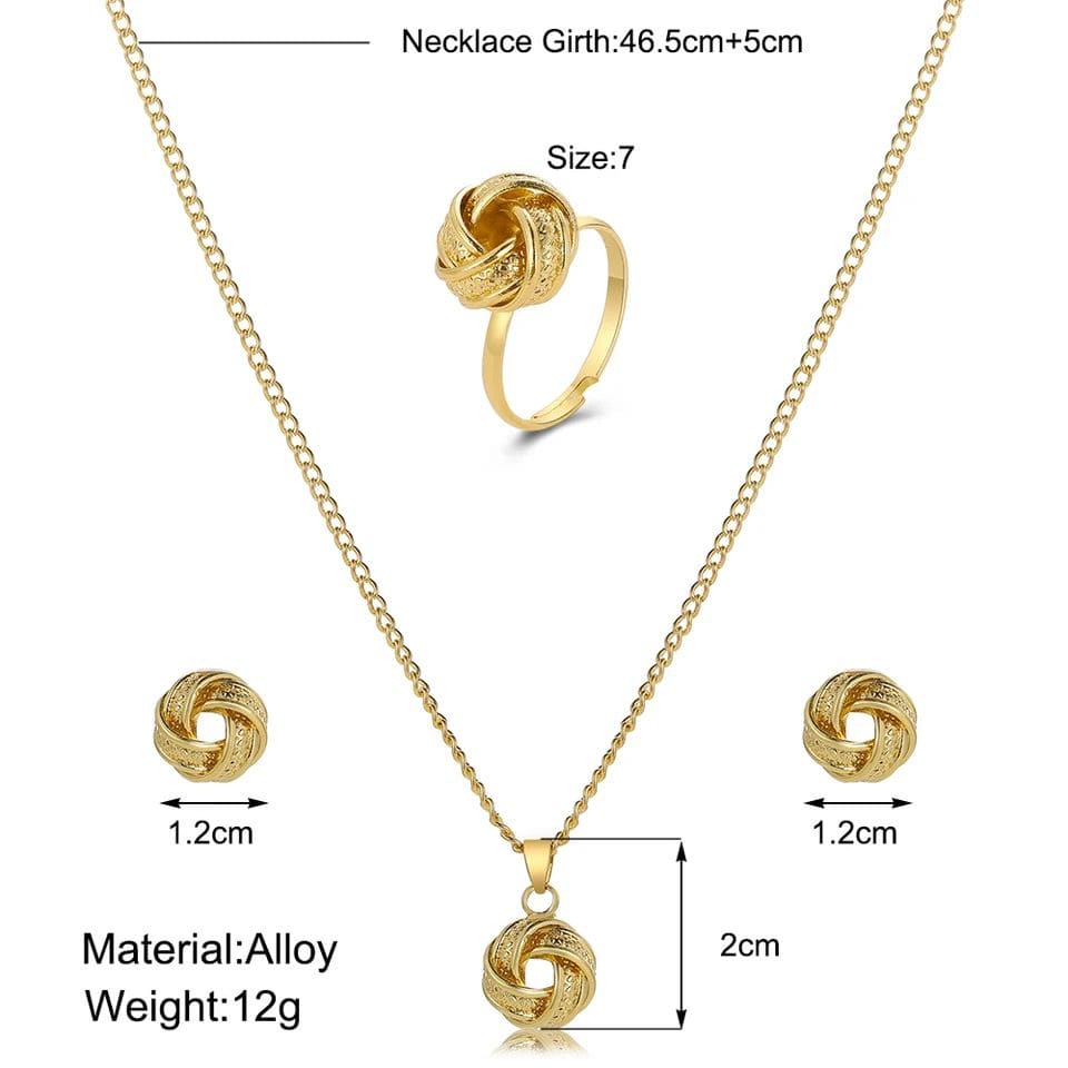 Gold Ball Shape Jewelry Sets, Twist Lucky Knot Earrings Necklace Ring Jewelry Set, Trendy Fashion Style Adjustable Chain Rings Necklace For Woman
