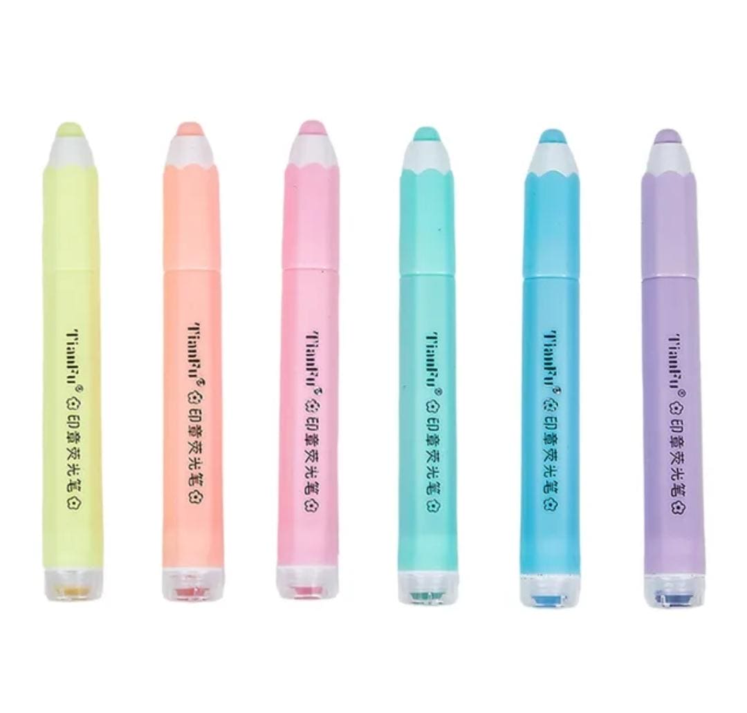 Set Of 6 Pencil Shape Highlighter, Cute Design Stamp Highlighter Pens, Fluorescent Coloring Pens for Student Office School Home