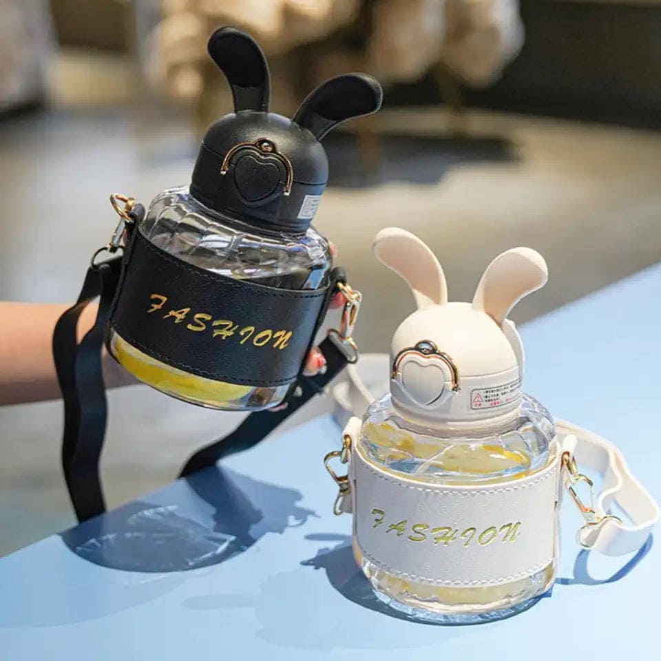 Bunny Ears Water Bottle, Bunny Kettle Straw Water Thermos, Cute Rabbit Shape Straw Bottle with Protector Case, Soft Suction Nozzle Water Cup for Kids, Plastic Water Juice Bottles, Sports Water Bottle with Leak Proof Flip Top Lid