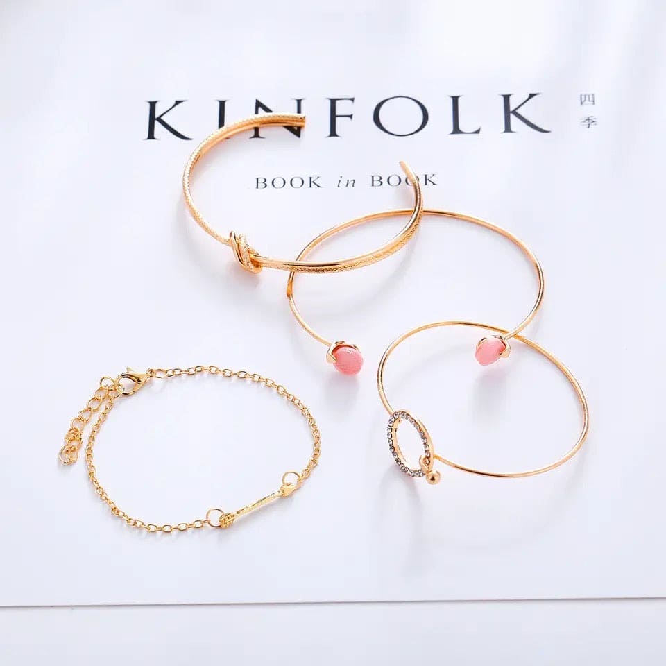 Set Of 4 Crystal Circle Bracelet, Double Knotted Arrow Round Full Drill Open Bracelet, Classic Arrow Knot Round Crystal Gem Bracelet, Multilayer Adjustable Open Bracelet, Chunky Flat Cable Chain Punk Bracelets Set