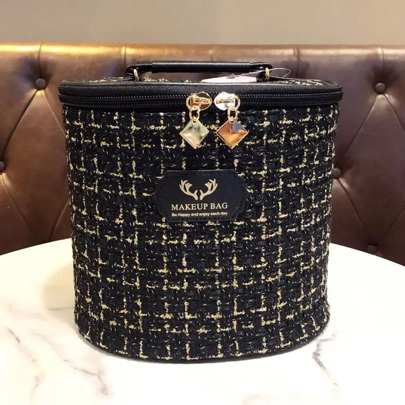 Fashion Tweed Cosmetic Bag, Women Travel Organizer Makeup Toilet Pouch, Multifunction Beauty Storage Portable Box, Cylinder Solid Cosmetic Bag, Cosmetic Cases Zipper Wash Beauty Pouch