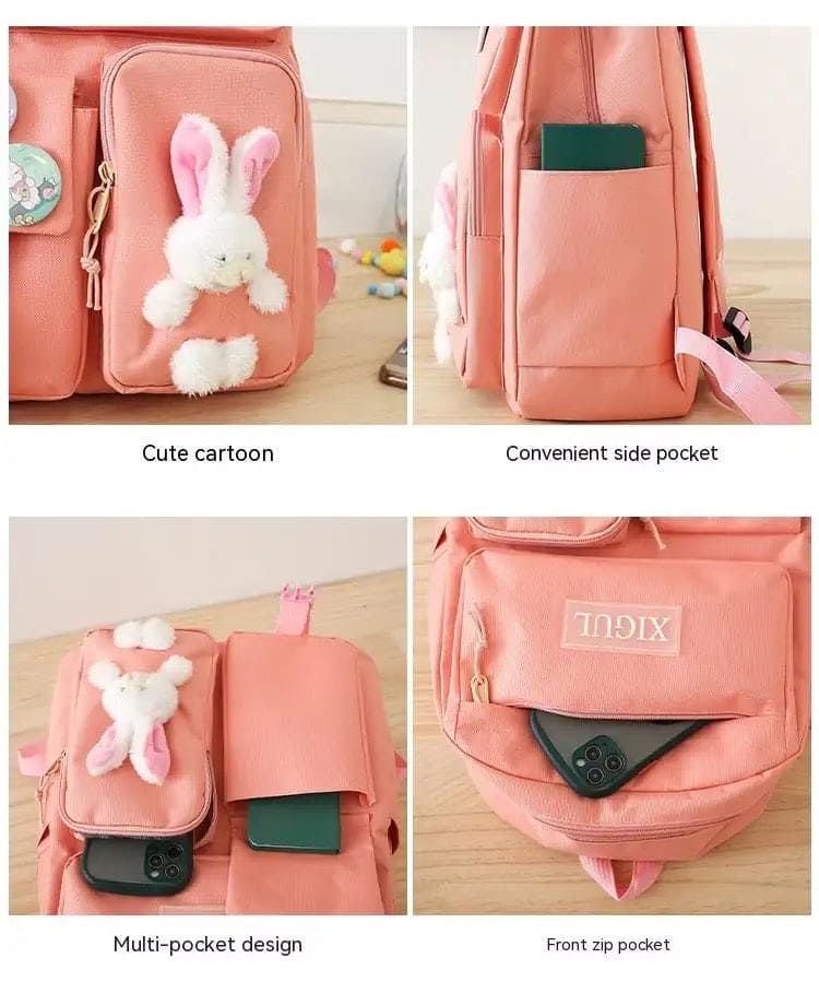 Set Of 4 Bunny Bag, Multifunctional School Bag For Girls, Large Capacity Outdoor Travel Backpack, Waterproof Outdoor Travel Bag, Canvas Laptop School Bag Sets for Kids with Tote Pencil Case, Lunch Box Bag, Back To School Supplies Canvas Bag