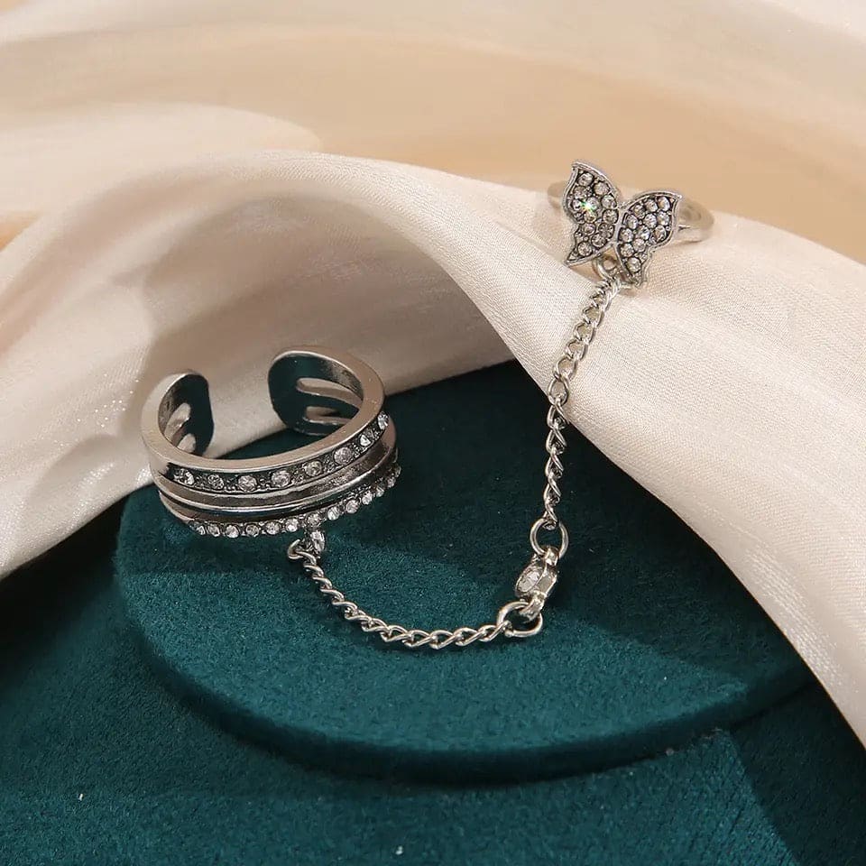 Double Finger Butterfly Chain Ring, Tassel Butterfly Cross Punk Ring Jewellery, Butterfly Cross Punk Ring, Elegant Tassel Butterfly Chain Ring