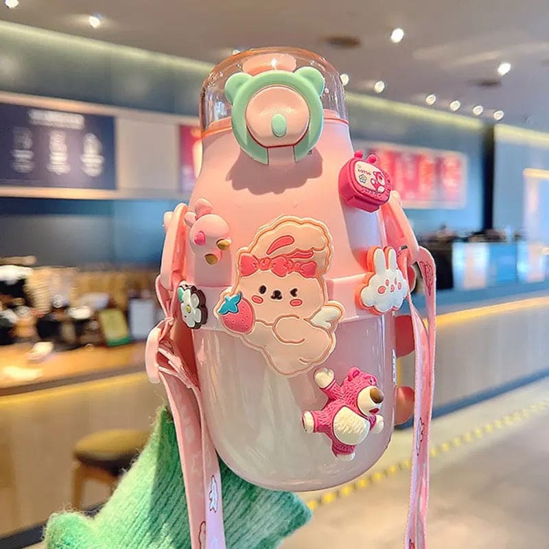 Animated Water Bottle, Summer Water Bottle For Kids, Cute Plastic Kid Water Cup, Water Bottle with Shoulder Strap, Cute Insulated Water Bottles, Portable Kid Drink Mug, Plastic Outdoor School Drink Water Cup, Cute Water Bottles with 3D Stickers