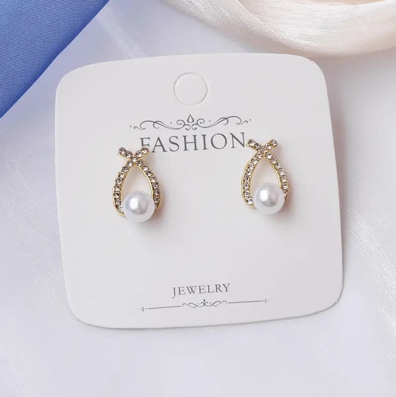Shiny Crystal Pearl Stud Earrings, Capped Pearl Drop Earrings, Crystal Cross Pearl Earrings, Luxury Pearl Stud Earrings For Women, Crystal Imitation Pearl Stud Earrings