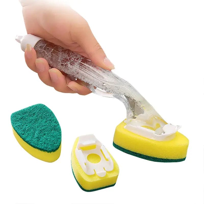 Replaceable Cleaning Brush, Kitchen Liquid Dispenser Dish Scrubber, 3 in1 Long Handle Cleaning Sponge, Removable Brush Head Sponge, Replacement Head Dishwashing Sponge, Heavy Duty Dish Wand for Kitchen, Sink, Bathroom