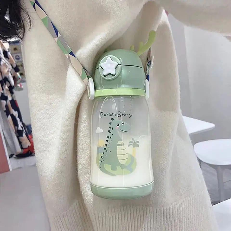 Antler Sipper Water Bottle, Children Portable School Drinking Bottle, 600ml Cartoon Printed Water Bottle, Lovely Cute Water Bottle With Straw, Transparent Dust Proof Clear Straw Bottle, Portable Drink Bottle For Outdoor, Kids Water Sippy Cup