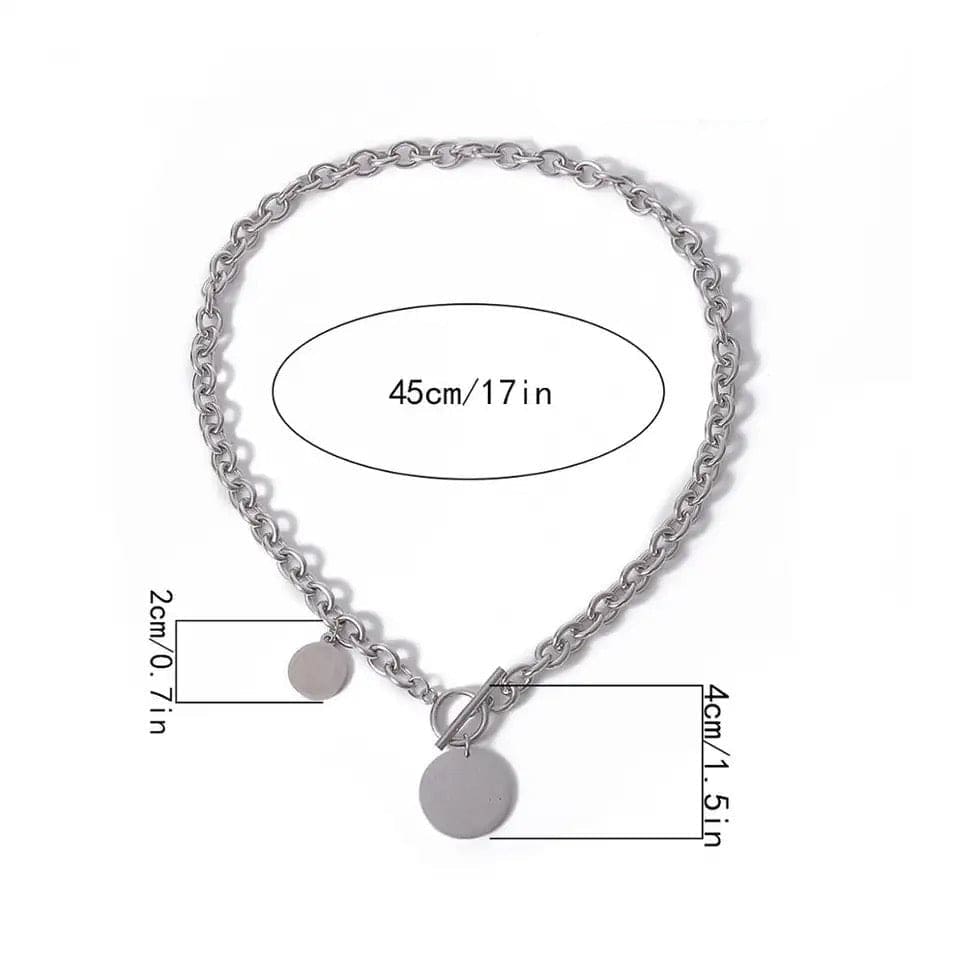 Vintage Cuban Coin Pendant, Hip Hop Stainless Steel Silver Color Lariat Necklace, Metal Toggle Clasp Chain Necklace, Chunky Chain OT Clasp Necklace, Men Women Coin Chain Necklace Pendant