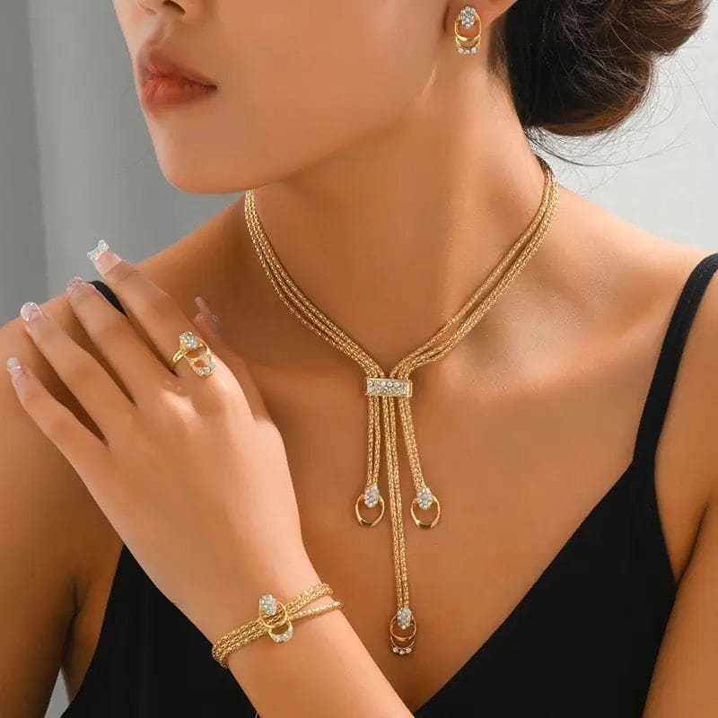 Set Of 4 Boutique Crystal Jewelry, Luxury Classic Women's Jewelry Set, Crystal Zircon Metal Chain Necklace Bracelet Earring Ring Set, Vintage Metal Zircon Jewelry Sets