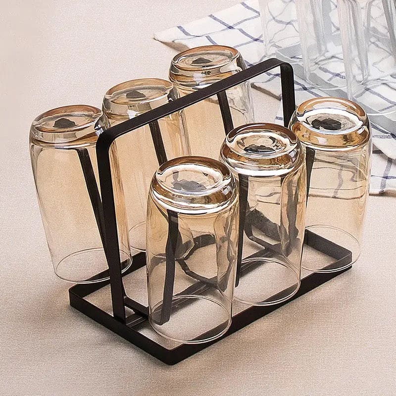 Iron Glass Stand, 6 Hooks Cups Mug Glass Stand Holder, Metal Cup Drying Rack Shelf, Cup Hanging Drainer, Upside Down Cup Drain Rack, Countertop Cup Holder for Bottle, Glass, Mug, Non-Slip Mugs Bottles Organizer For Kitchen