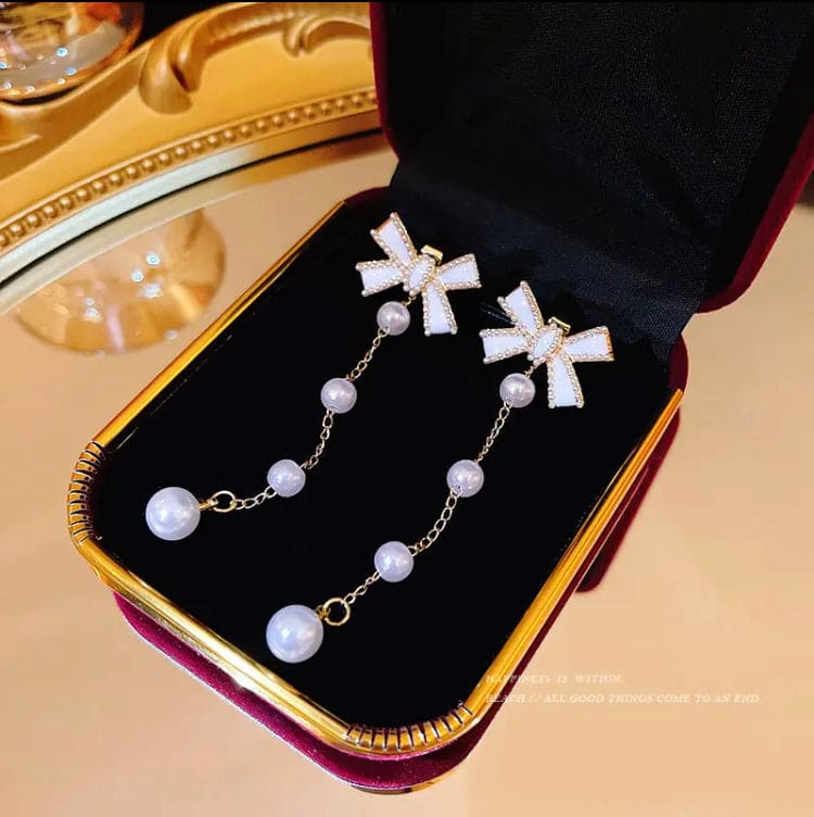 Bow Pearl Tassel Long Earrings, Elegant Sweet Bowknot Earrings, Pearl Drop Earrings For Women, Luxury Long Simulation Pearl Earrings For Women