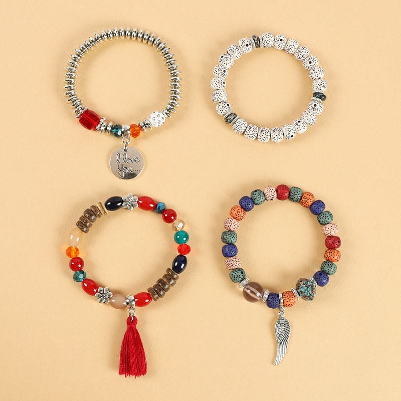 Multicolor Charm Beads Wrap Bracelets, Creative Turquoise Beads Bracelet, Alloy Pendant Beads Bohemian Bracelets, Lava Stone Wristband, Multilayer Stacking Bracelet