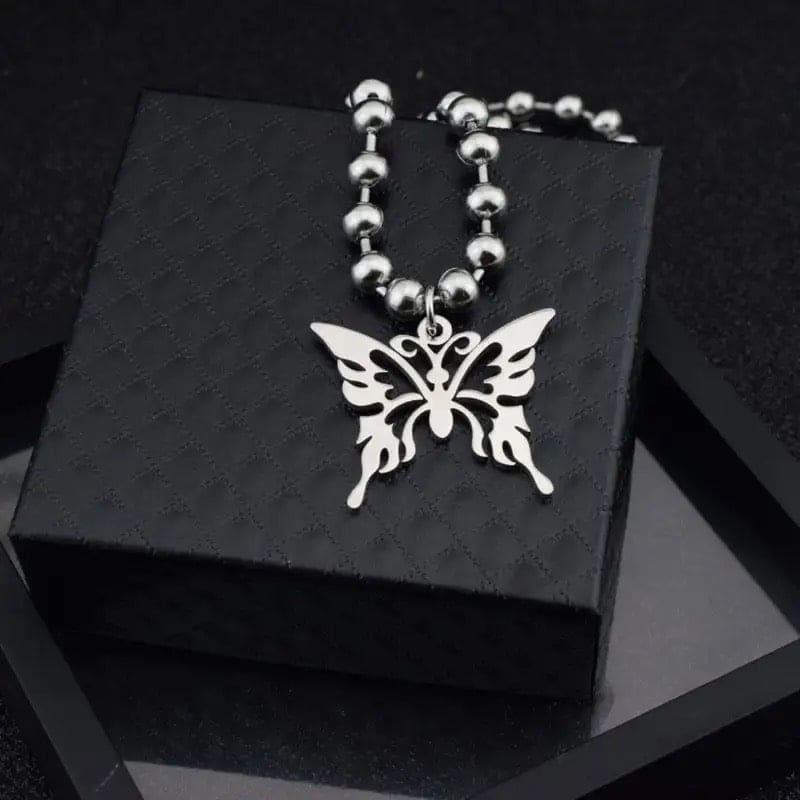 Sweet Butterfly Stainless Steel Pendant Necklace, Streetwear Ball Chain Polishing Chain Pendant, Hollow Butterfly Ball Chain Necklace