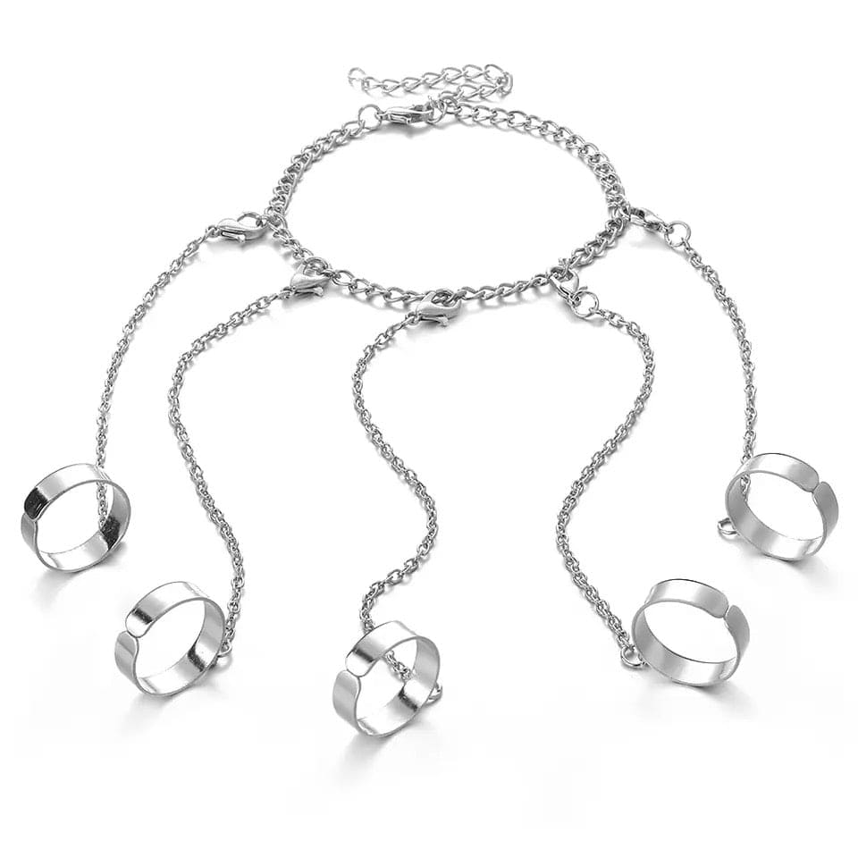 Hip Hop 5 Ring Chain Bracelet, Steel Finger Ring Chain Bracelet, Multilayer Chain Geometric Ring Bracelet,  Cool Statement Stackable Rings Chain Bracelets