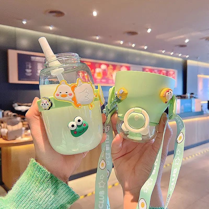 Animated Water Bottle, Summer Water Bottle For Kids, Cute Plastic Kid Water Cup, Water Bottle with Shoulder Strap, Cute Insulated Water Bottles, Portable Kid Drink Mug, Plastic Outdoor School Drink Water Cup, Cute Water Bottles with 3D Stickers