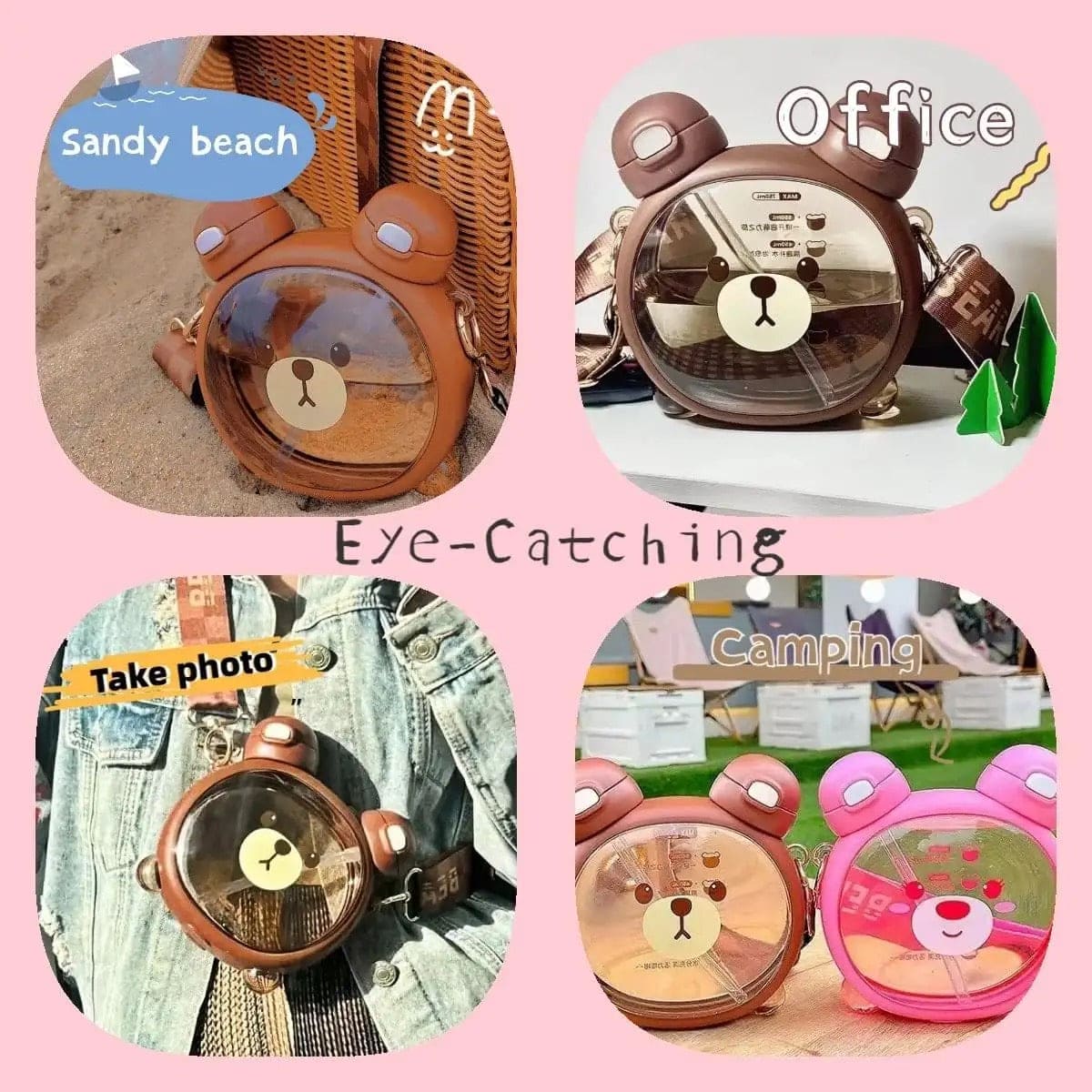 Cute Bear Water Bottle, Double Mouth Drinking Water Cup, 750ML Summer Plastic Straw Drinking Cup, Cute Bear Kettle Straw Water Cup, Kawaii Bear Water Bottle, Portable Leakproof Drink Bottle Adjustable Shoulder Strap for School Office Travel