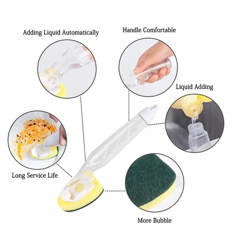 Replaceable Cleaning Brush, Kitchen Liquid Dispenser Dish Scrubber, 3 in1 Long Handle Cleaning Sponge, Removable Brush Head Sponge, Replacement Head Dishwashing Sponge, Heavy Duty Dish Wand for Kitchen, Sink, Bathroom