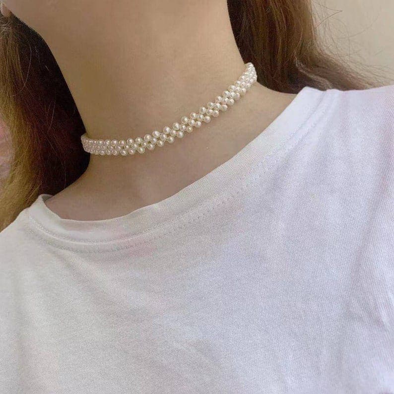 Multilayer Simulated Round Pearl Choker Necklace, Collar Statement Clavicle Chain Necklace,  Double Collarbone Chain Simple Choker Necklace