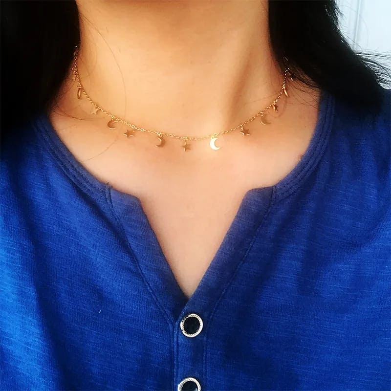 Star Moon Necklace, Gold Stars Moon Pendant Necklaces For Women, Adjustable Necklace for Women