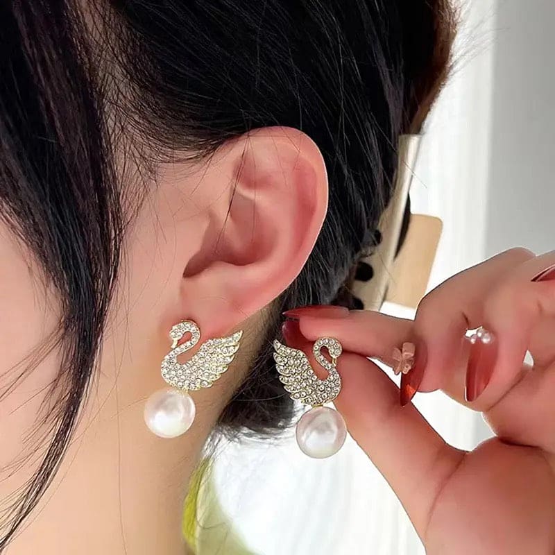 Pearl Swan Earrings, Sweet Iconic Swan Earrings, Diamond Swan Pearl Earrings, Fashion Small Versatile Earrings, Women Stud Earrings, Imitation Pearl Dangle Earring, Noble Sparkling Crystal Swan Earrings For Women