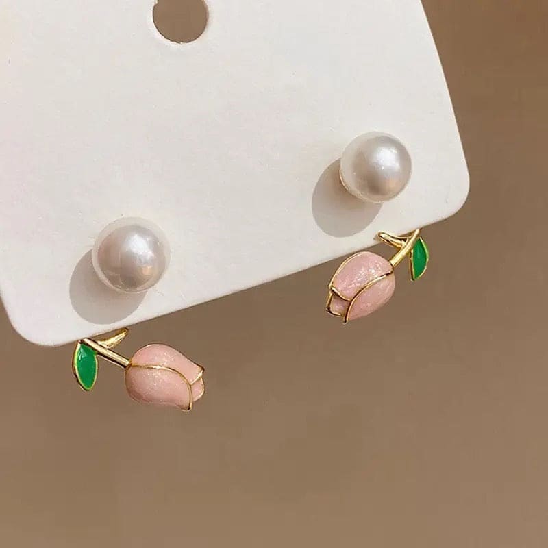 Luxury Pink Tulip Flower Pearl Stud Earrings, Light Luxury Design Sense Earrings, Elegant Zircon Pearl Earring