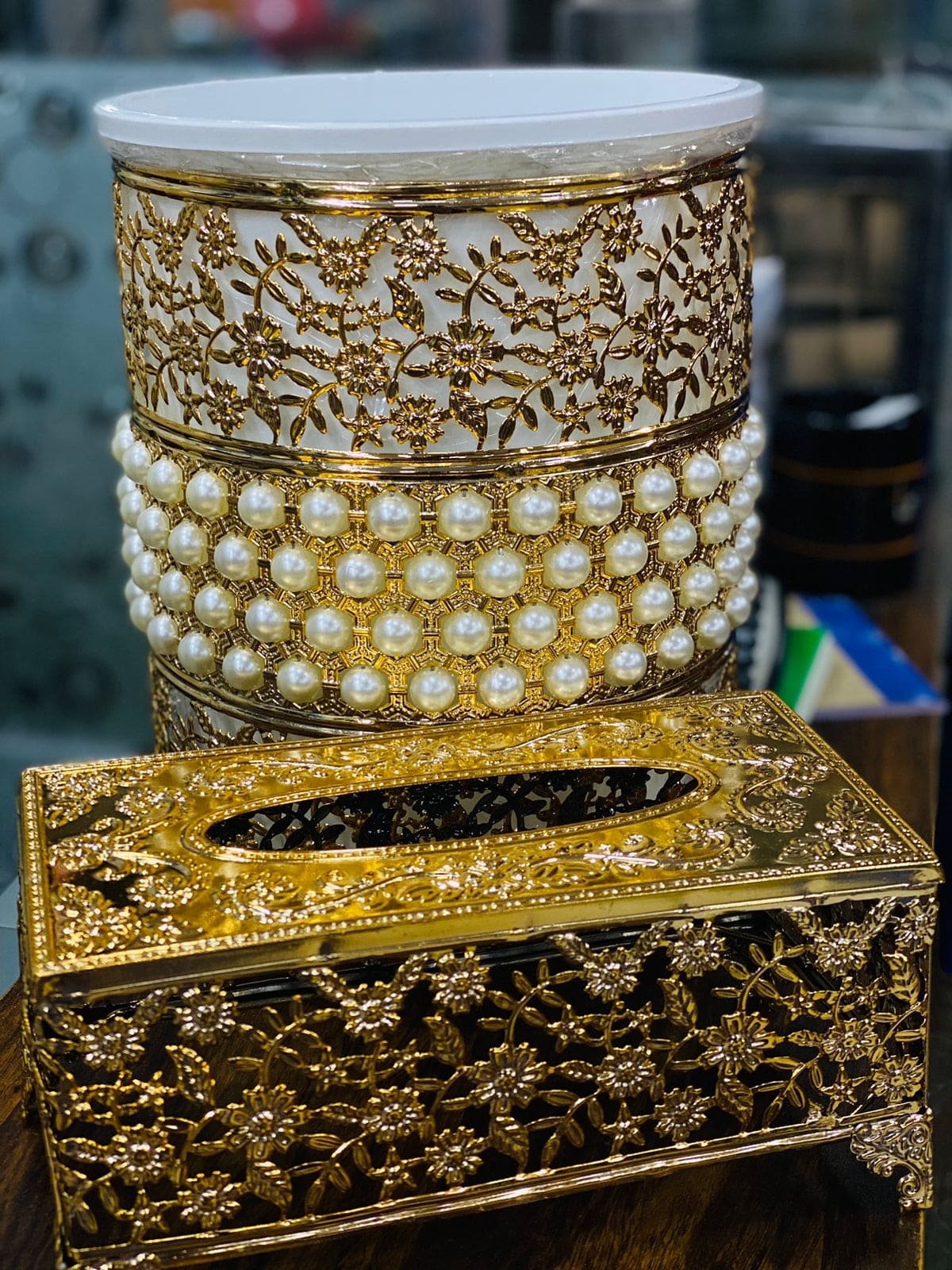 Fancy Waste Bin And Tissue Box Set, Luxury Garbage Bin With Tissue Box, Decorative Crystal Dustbin And Tissue Box