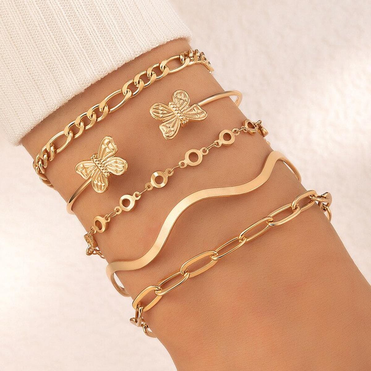 Trendy Geometric Link Chain Bracelet Set, Multilayer Gold Color Bracelet, Twist Cuban Chain Bracelet for Women, Wedding Engagement Bracelet Fashion Jewellery