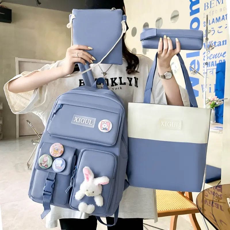 Set Of 4 Bunny Bag, Multifunctional School Bag For Girls, Large Capacity Outdoor Travel Backpack, Waterproof Outdoor Travel Bag, Canvas Laptop School Bag Sets for Kids with Tote Pencil Case, Lunch Box Bag, Back To School Supplies Canvas Bag