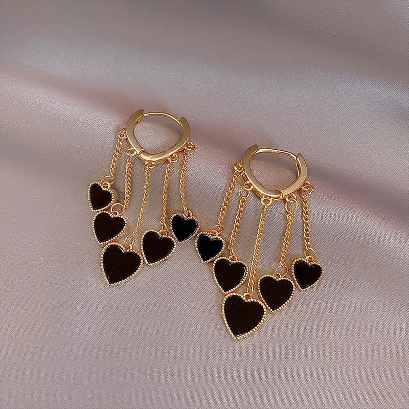 Black Crystal Love Heart Earrings, Black Peach Heart Drop Pendant Tassel Earrings, Shiny Black Love Heart Tassel Drop Earrings