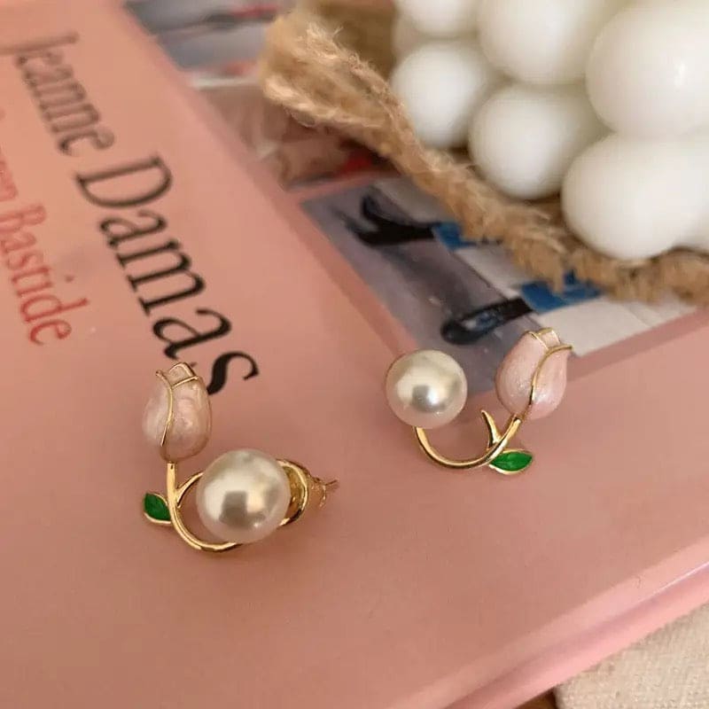 Luxury Pink Tulip Flower Pearl Stud Earrings, Light Luxury Design Sense Earrings, Elegant Zircon Pearl Earring