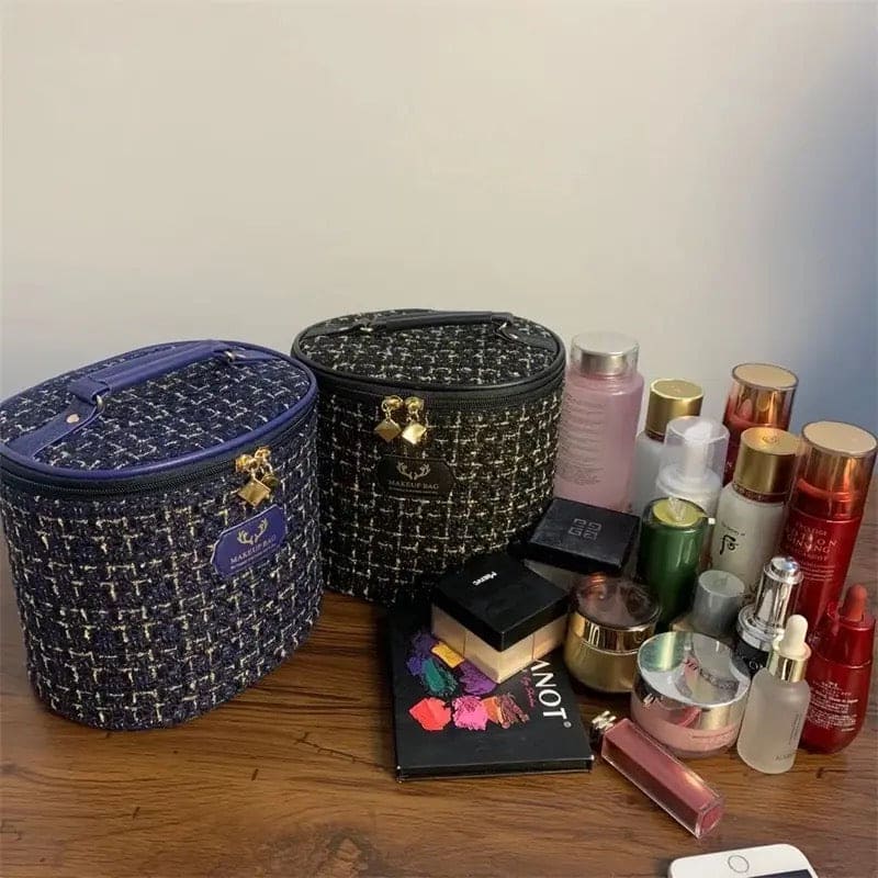 Fashion Tweed Cosmetic Bag, Women Travel Organizer Makeup Toilet Pouch, Multifunction Beauty Storage Portable Box, Cylinder Solid Cosmetic Bag, Cosmetic Cases Zipper Wash Beauty Pouch