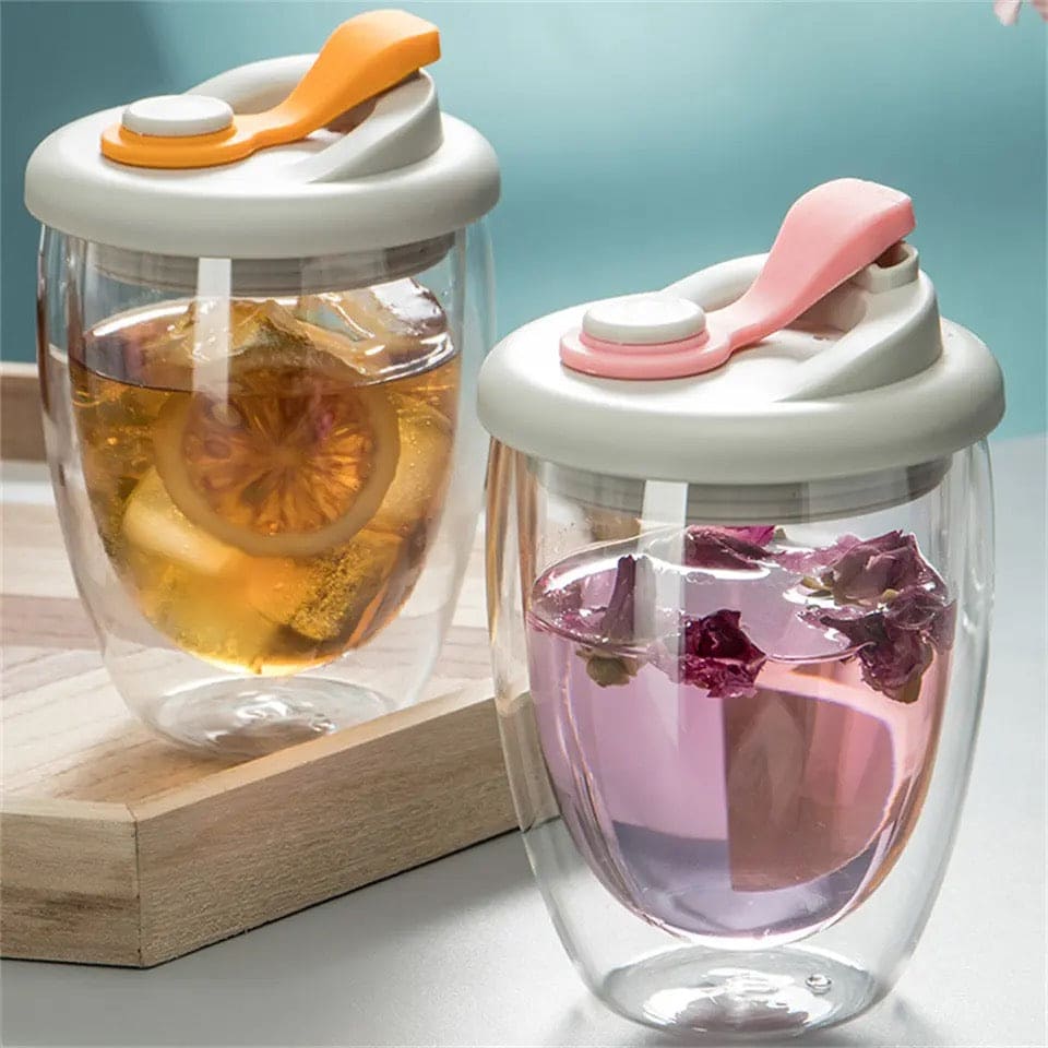Double Wall Glass Cup, Transparent Insulated Coffee Cup, Transparent Double Layer Wall Glass Cup with Silica Leak Proof Lid, Portable Beverage Drinking Cup, Cute Portable Water Cup, 350ml Double Wall Glass Cup
