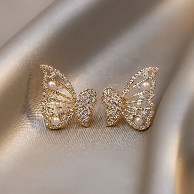 Crystal Butterfly Wings Pearl Earrings, Butterfly Tassel Pearl Dangle Earrings For Women, Alloy Drop Earrings, Elegant Pearl Crystal Metal Charm Earrings