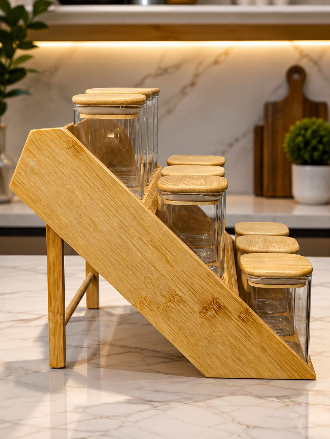 3 Tier Bamboo Spice Rack With Glass Jars, Bamboo Kitchen Seasoning Storage Rack, 9pcs Bamboo Spice Jar Storage Rack
