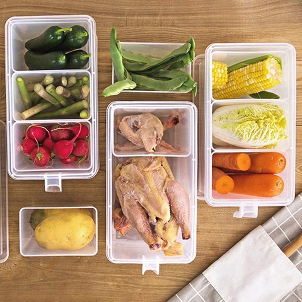 Transparent 3 Section Food Storage Box, Square Handle Food Storage Container, Plastic Divided Kitchen Organizer Bin, Multipurpose Fridge Storage Boxes with Lid and 3 Bins