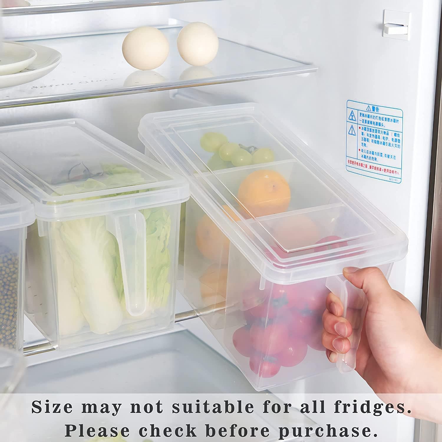 Transparent 3 Section Food Storage Box, Square Handle Food Storage Container, Plastic Divided Kitchen Organizer Bin, Multipurpose Fridge Storage Boxes with Lid and 3 Bins