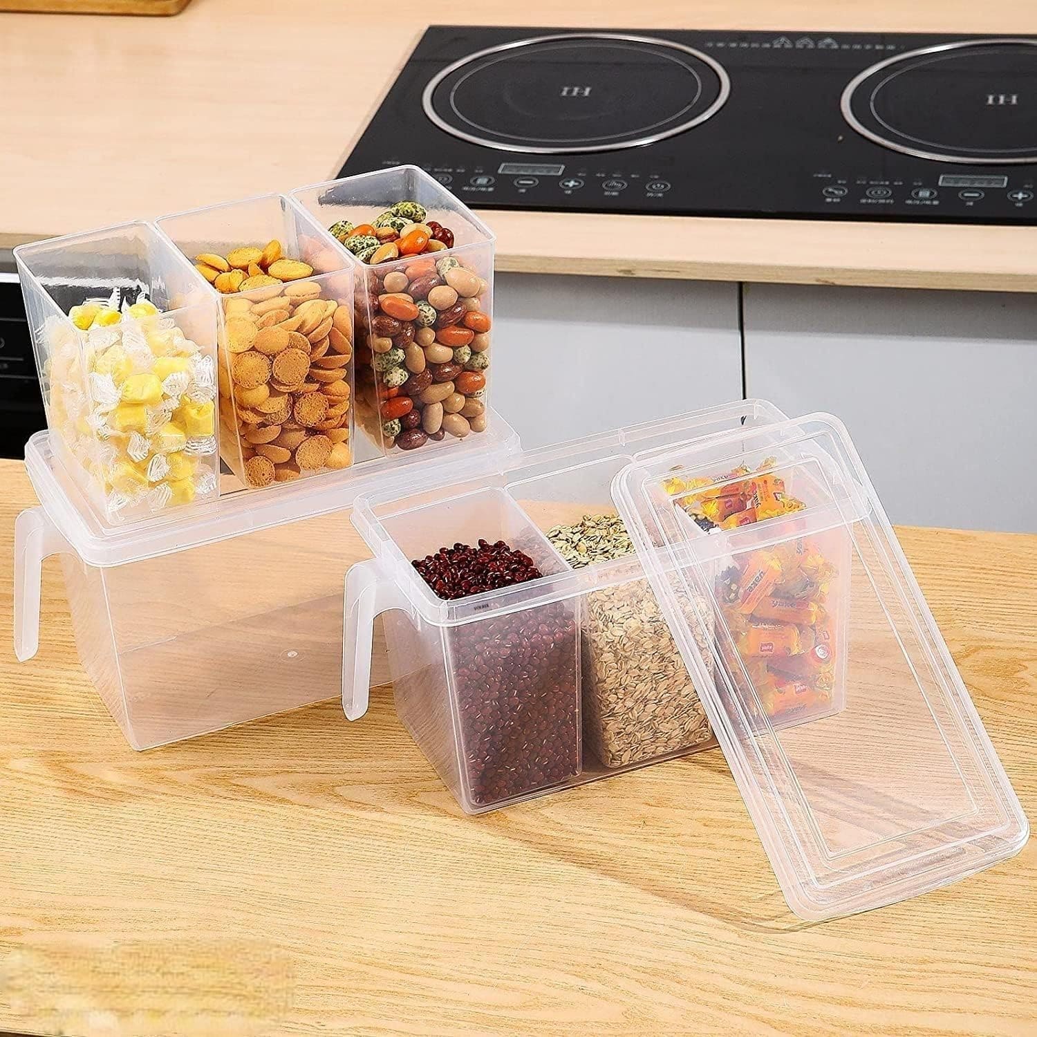 Transparent 3 Section Food Storage Box, Square Handle Food Storage Container, Plastic Divided Kitchen Organizer Bin, Multipurpose Fridge Storage Boxes with Lid and 3 Bins