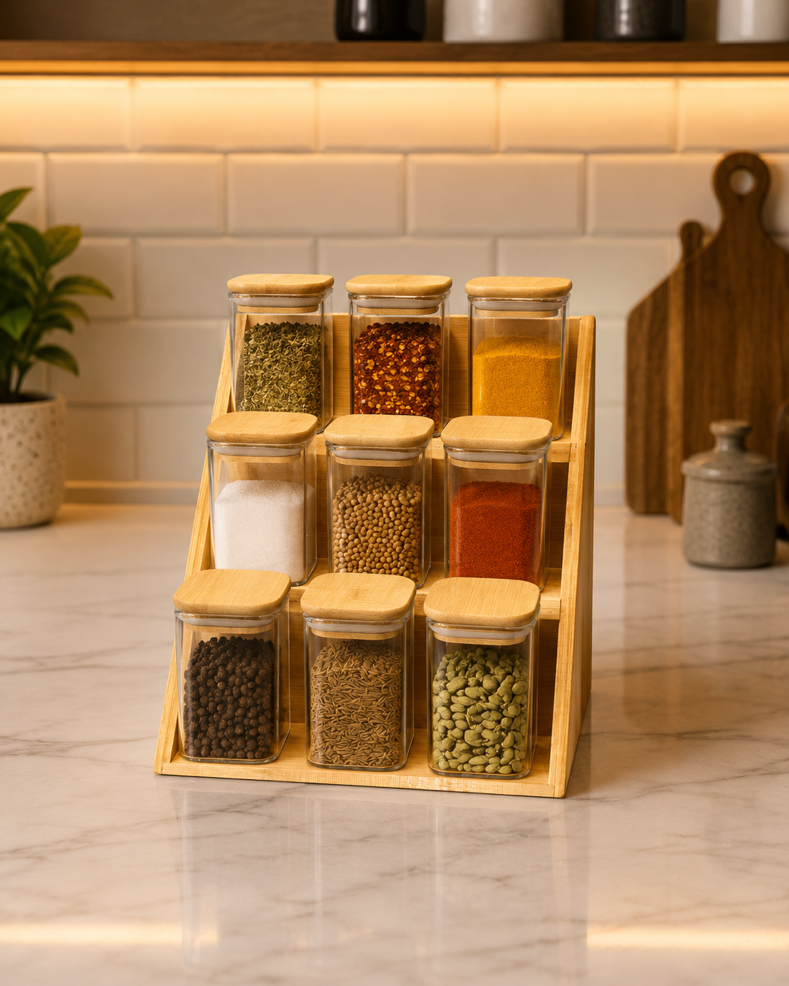 3 Tier Bamboo Spice Rack With Glass Jars, Bamboo Kitchen Seasoning Storage Rack, 9pcs Bamboo Spice Jar Storage Rack